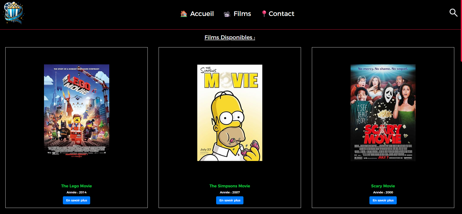 Page d'accueil du site répertoire cinéma avec films populaires